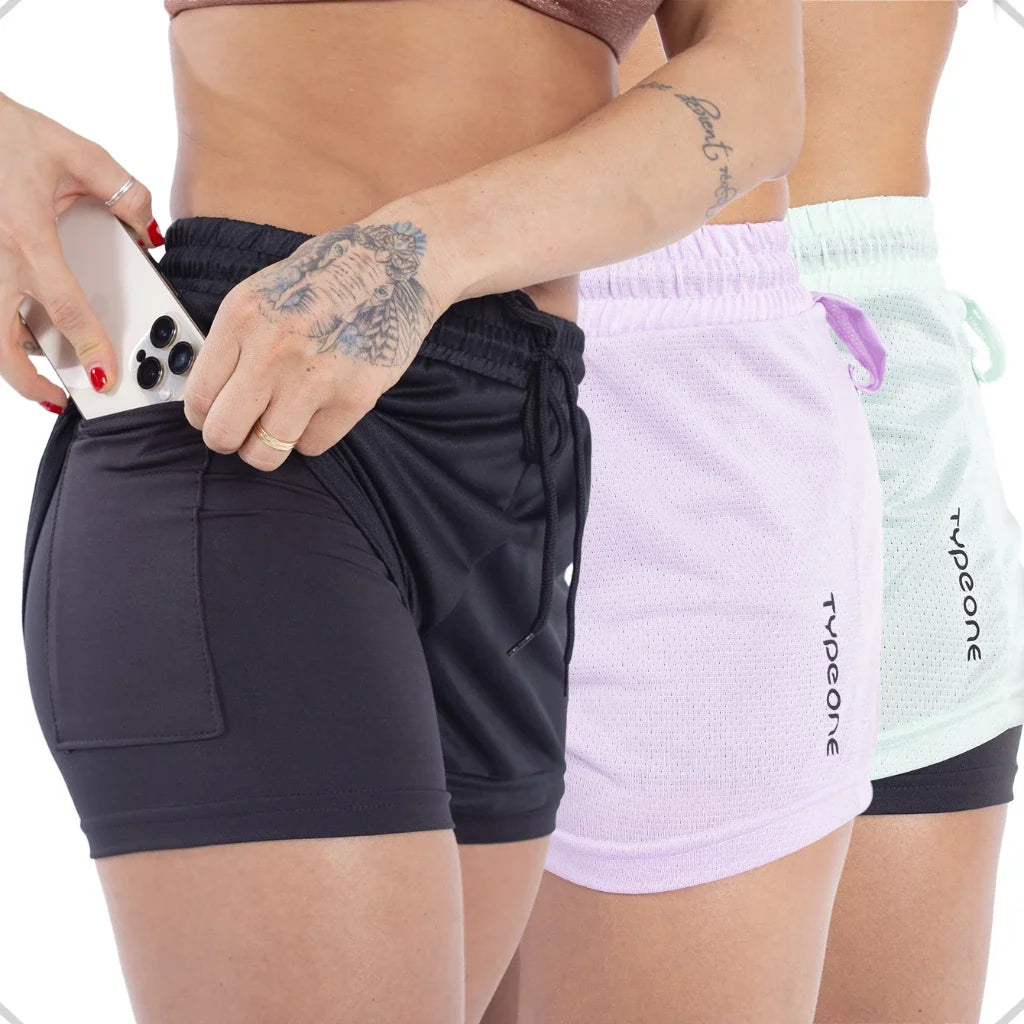 Kit com 3 Shorts Duplo Feminino 2 em 1 com Bolso Oculto para Celular - Type One