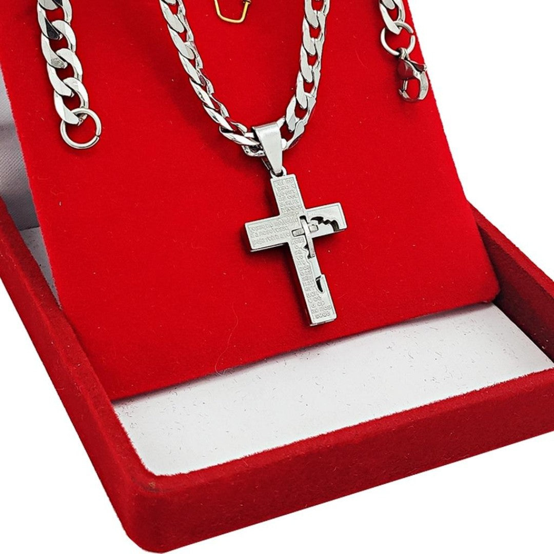 Kit Masculino Aço Inoxidável – Corrente 60cm com Pingente Cruz Pai Nosso + Pulseira Grumet